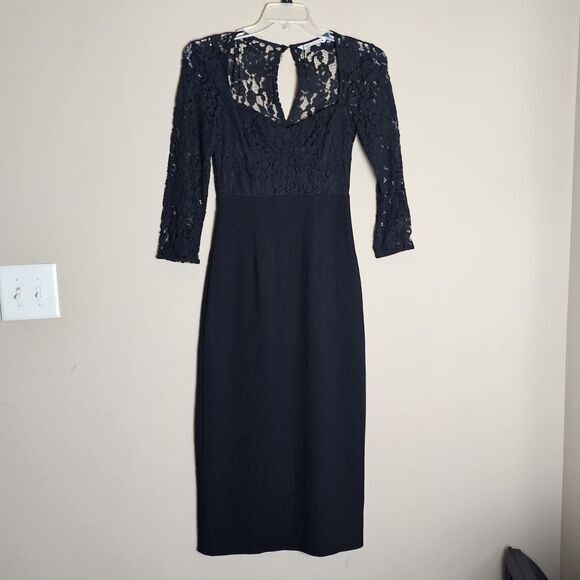 ZARA WOMAN BLACK COMBINATION LACE MIDI DRESS LONG SLEEVE SIZE S SEXY ROMANTIC - Picture 2 of 13